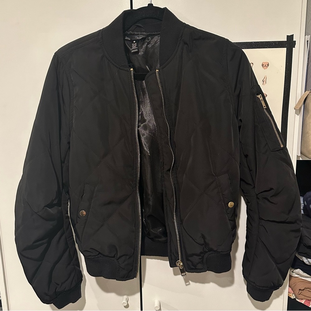 Aqua bomber jacket gold zippers